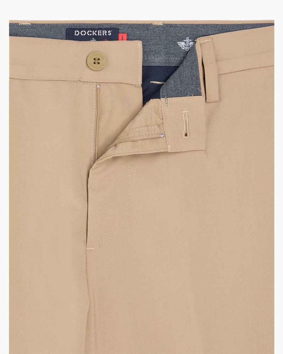 View of model wearing Harvest Gold Signature Go Khakis, Slim Fit.