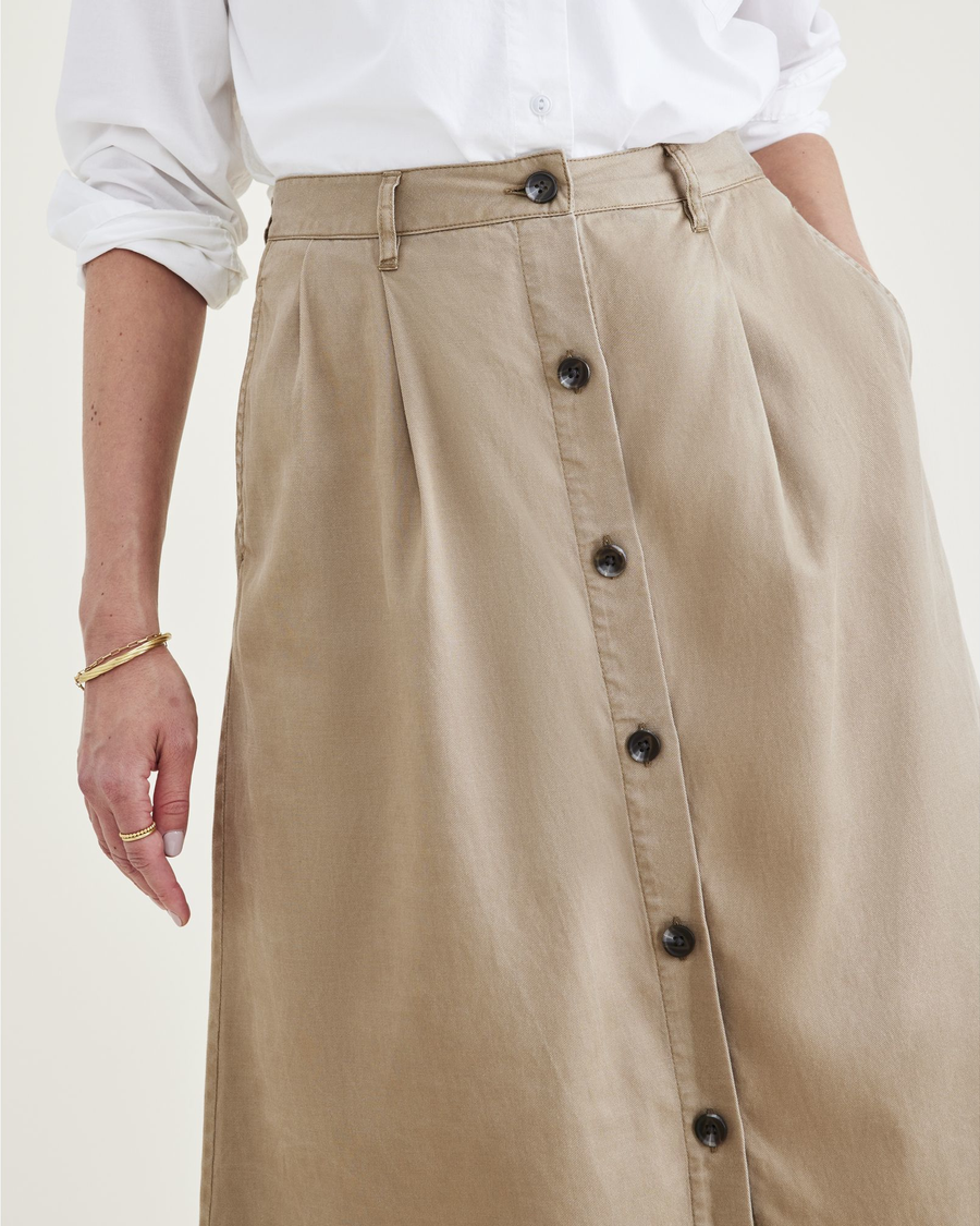 View of model wearing Harvest Gold Women's Midi Skirt.