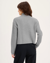 Back view of model wearing Heather Gray Mockneck Sweater, Relaxed Fit.