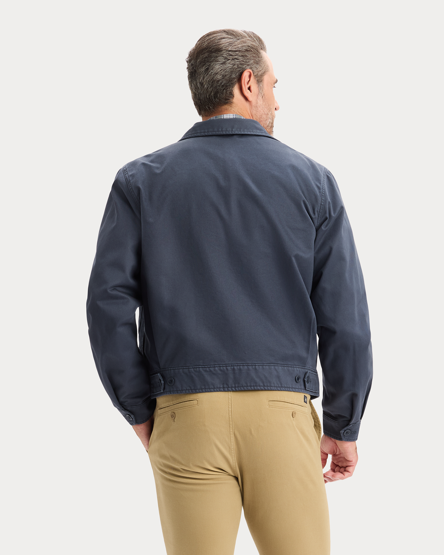 View of model wearing India Ink Mechanic's Jacket, Regular Fit.