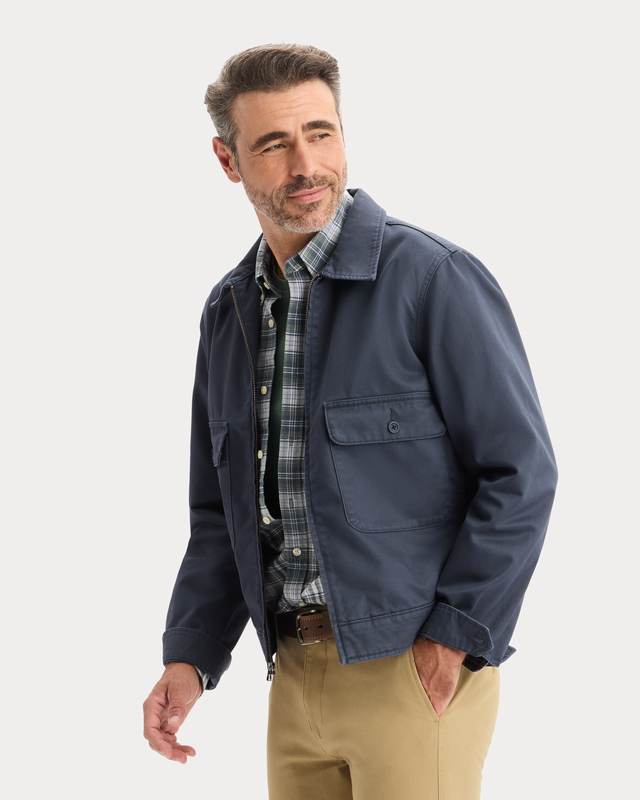 View of model wearing India Ink Mechanic's Jacket, Regular Fit.