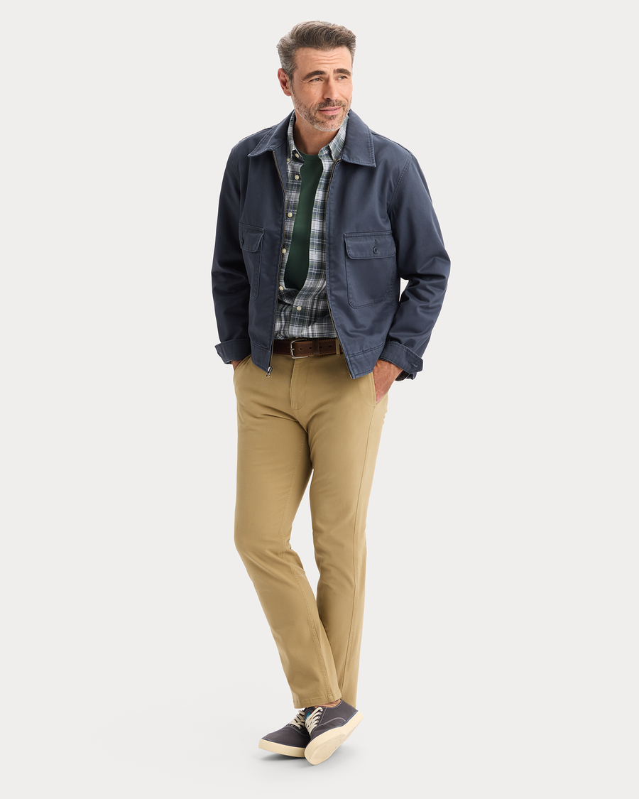 View of model wearing India Ink Mechanic's Jacket, Regular Fit.