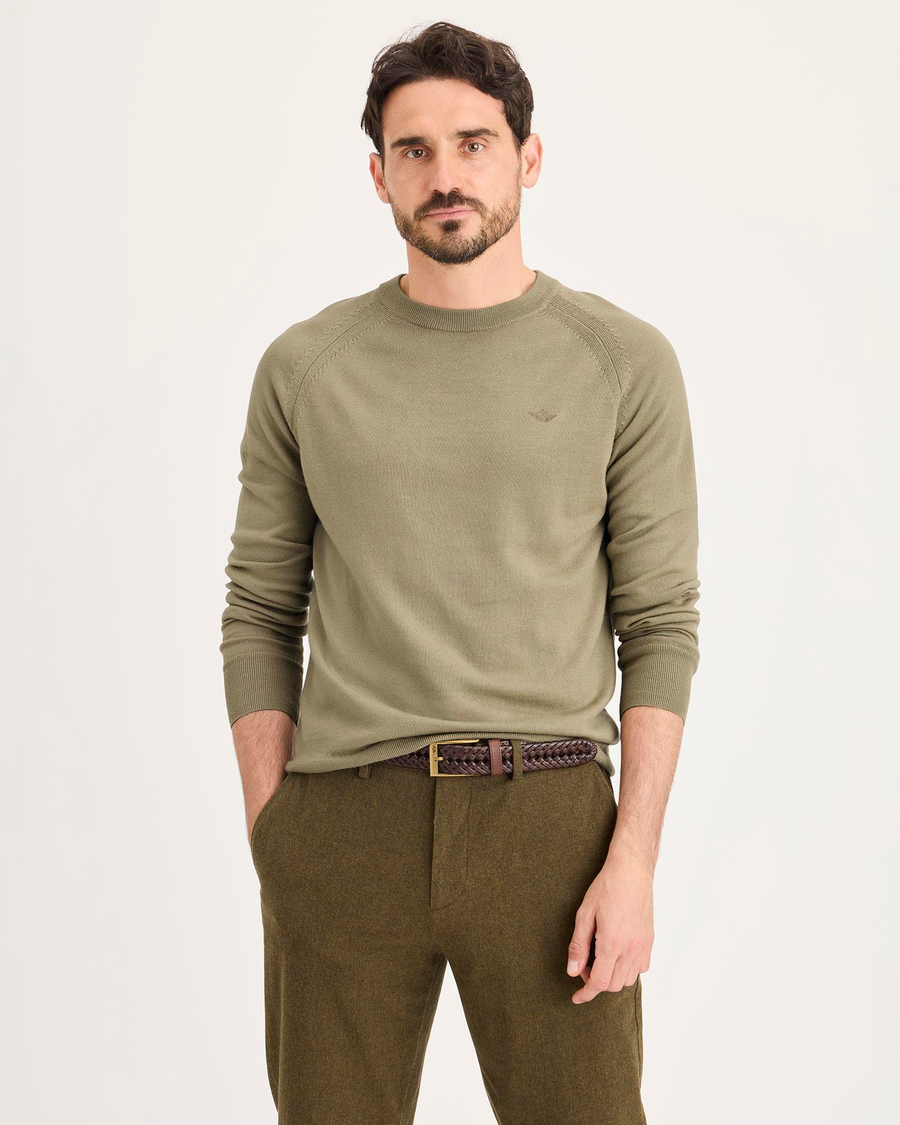 Front view of model wearing Lemon Pepper Crewneck Sweater, Regular Fit.