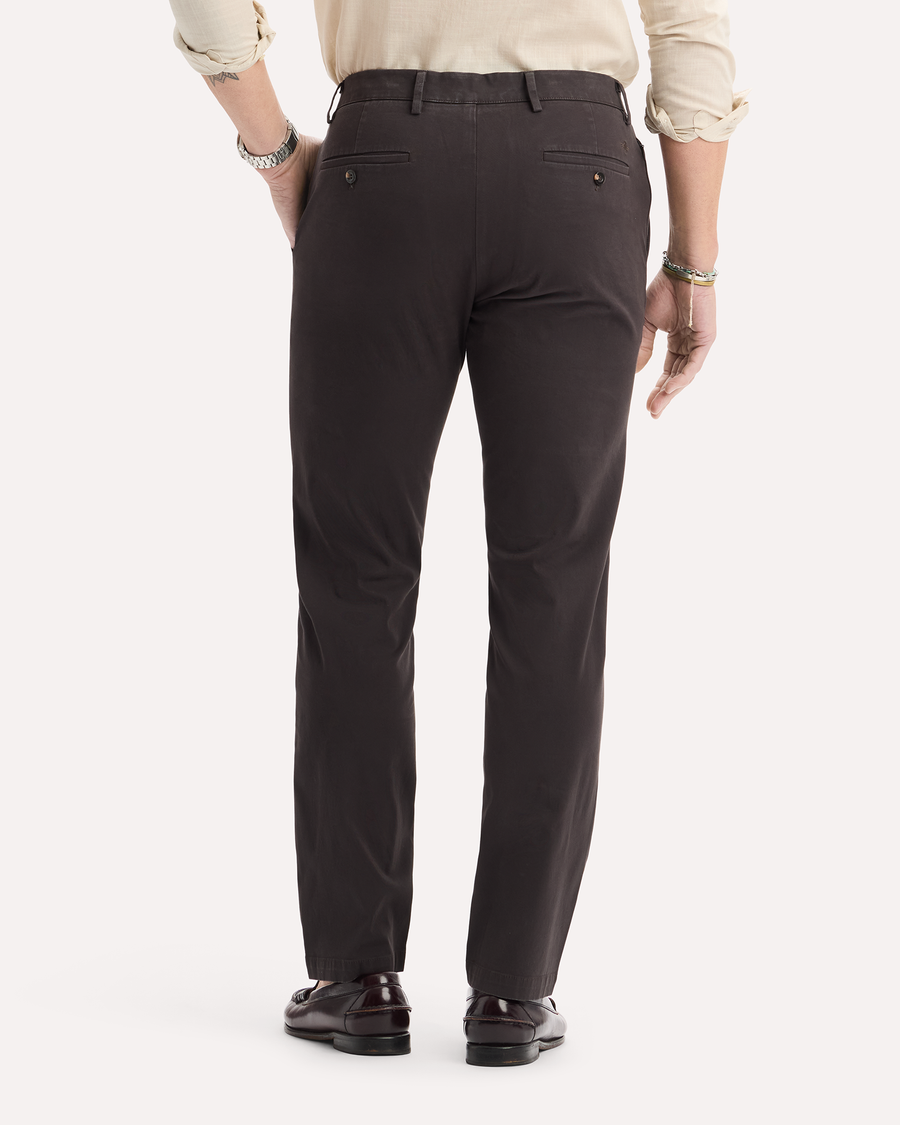 View of model wearing Licorice Crafted Khaki Pants, Slim Fit.