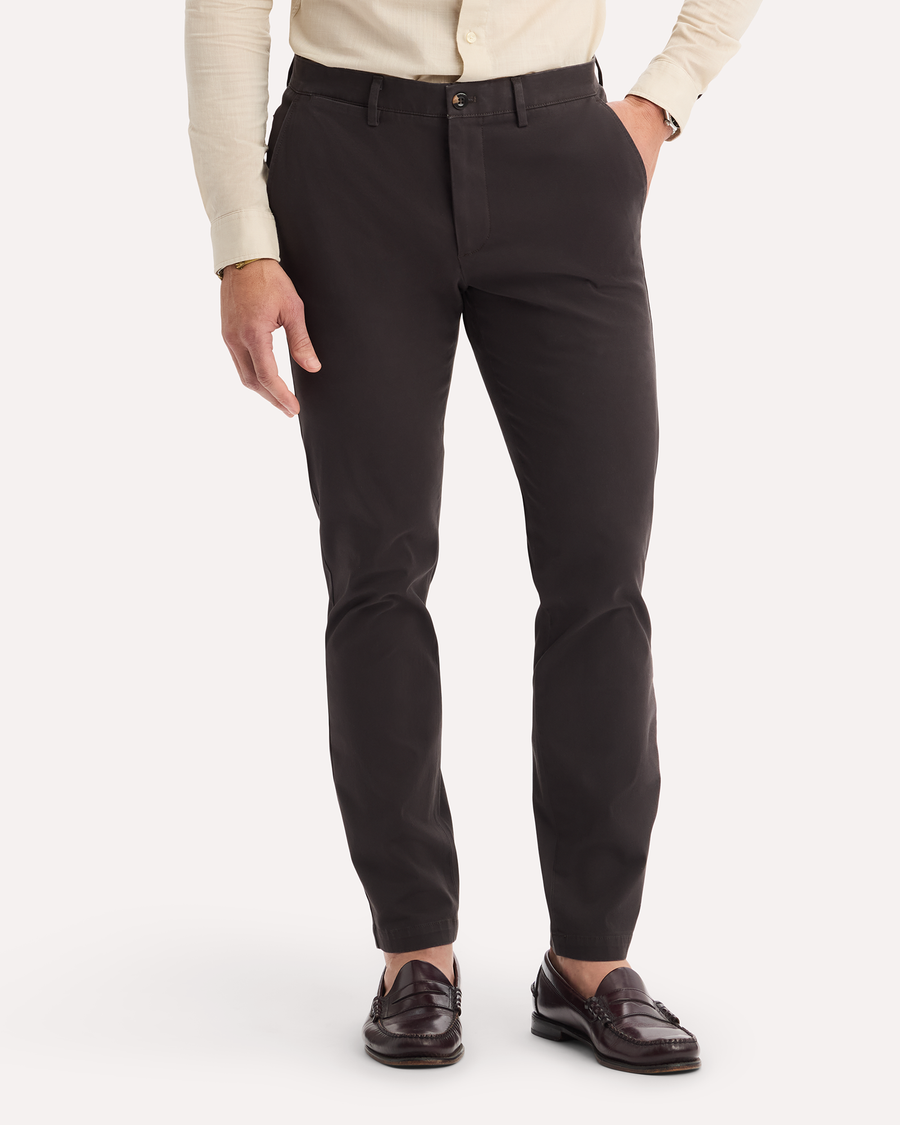 View of model wearing Licorice Crafted Khaki Pants, Slim Tapered Fit.