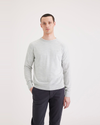 Front view of model wearing Light Heather Grey Men's Regular Fit Crewneck Sweater.