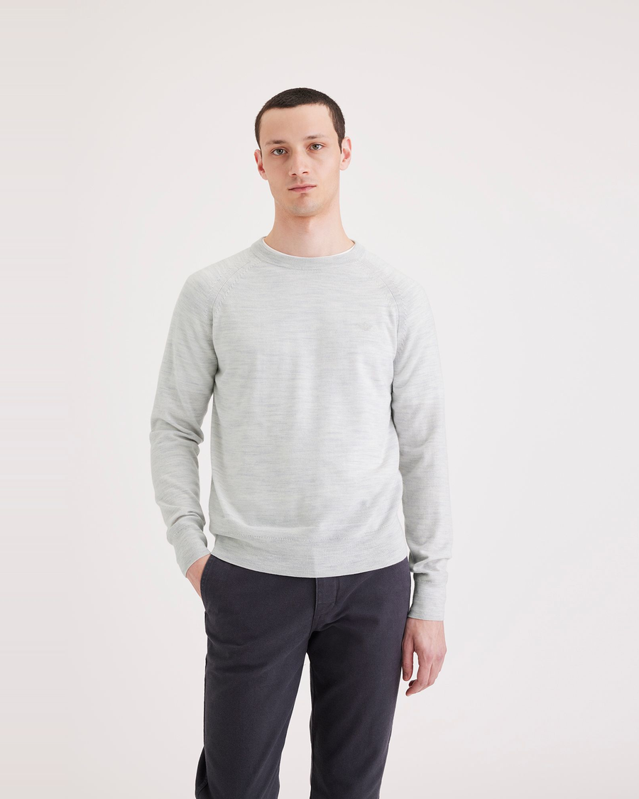 Front view of model wearing Light Heather Grey Men's Regular Fit Crewneck Sweater.