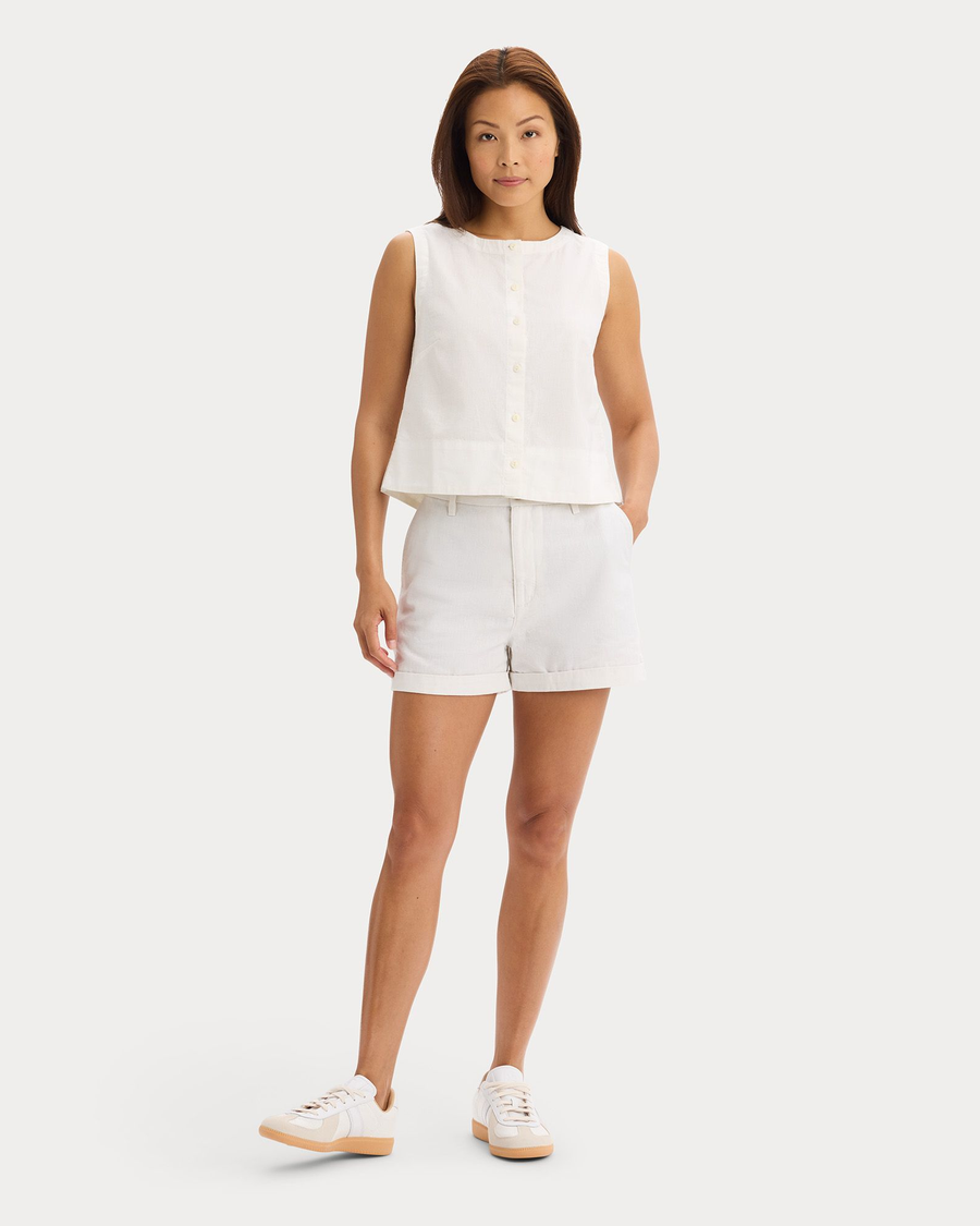 View of model wearing Lucent White Button-Front Tank, Regular Fit.