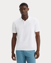 View of model wearing Lucent White Go Polo, Regular Fit.