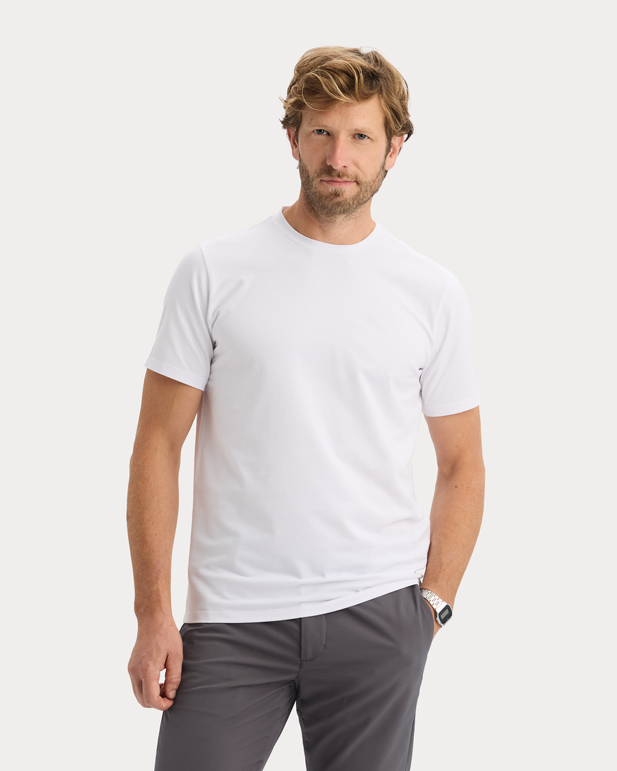 View of model wearing Lucent White Go Tee, Slim Fit.