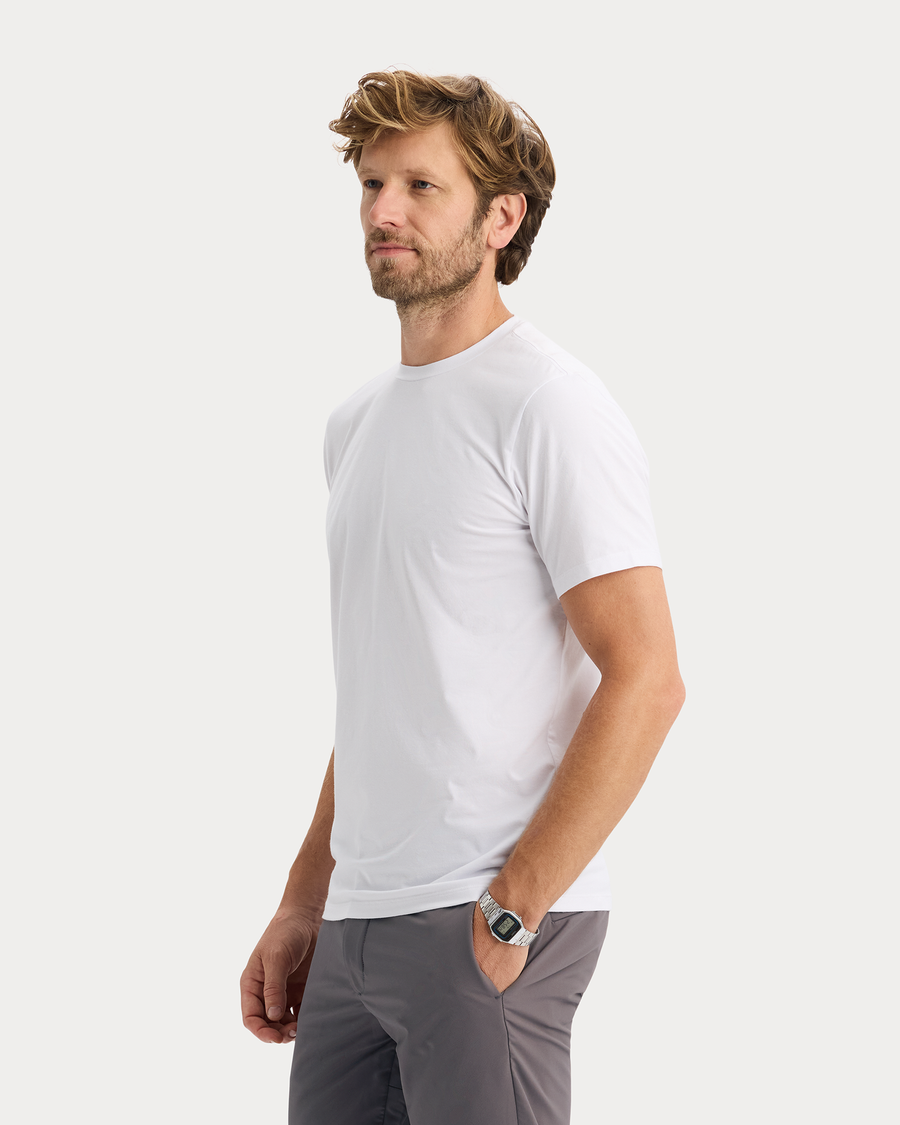 View of model wearing Lucent White Go Tee, Slim Fit.