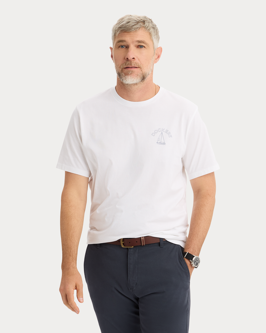 View of model wearing Lucent White Grafic Tee, Regular Fit.