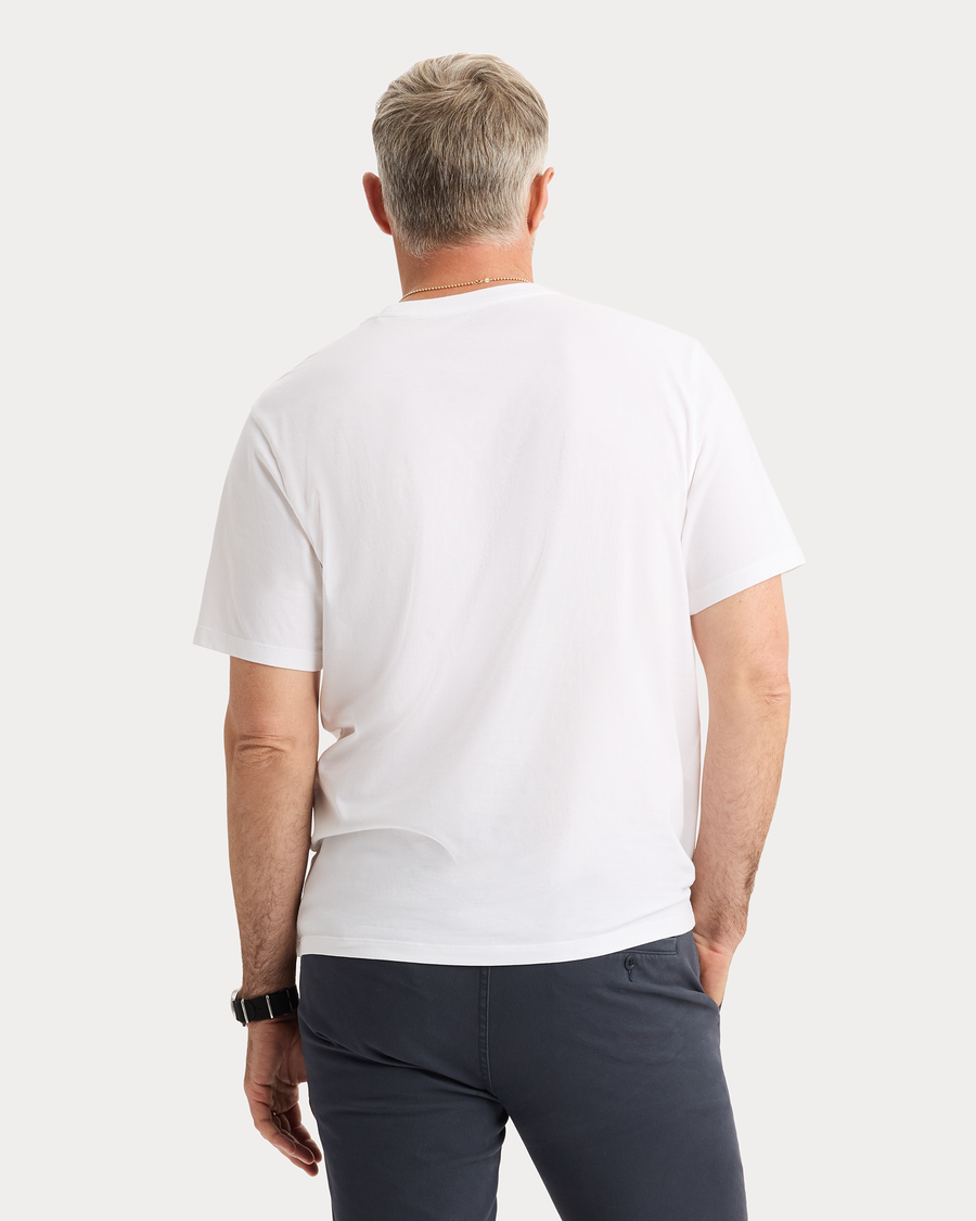 View of model wearing Lucent White Grafic Tee, Regular Fit.