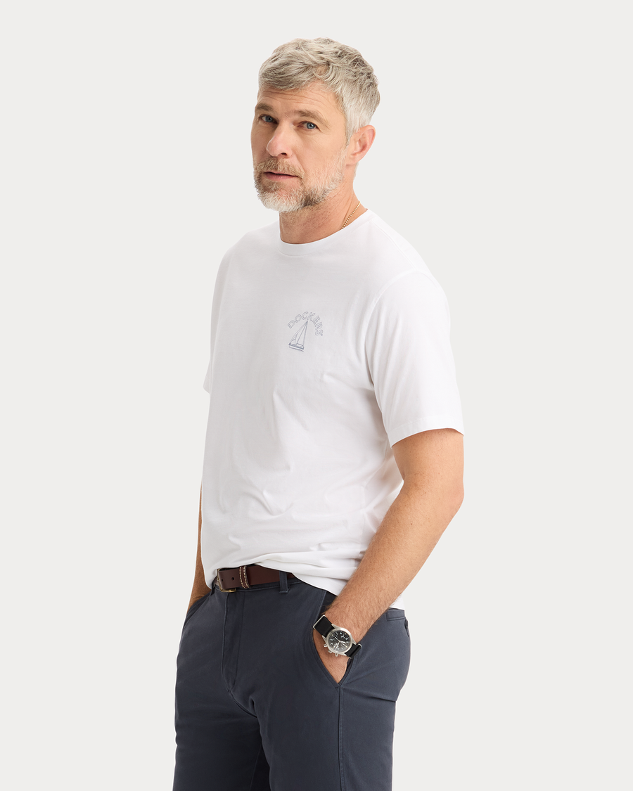 View of model wearing Lucent White Grafic Tee, Regular Fit.