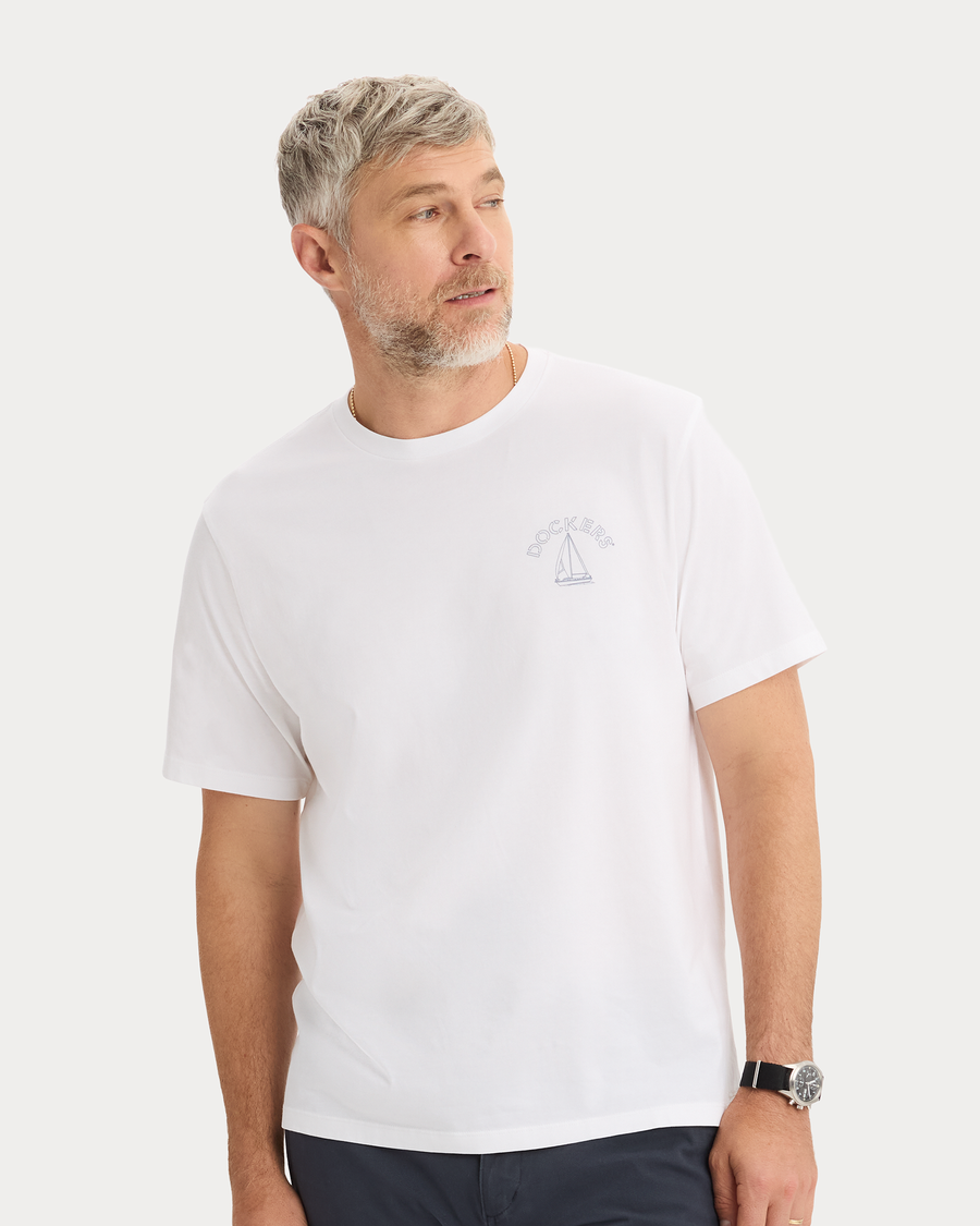 View of model wearing Lucent White Grafic Tee, Regular Fit.