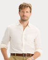 View of model wearing Lucent White Icon Button Up Shirt, Slim Fit.