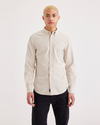 Front view of model wearing Lucent White Men's Slim Fit 2 Button Collar Shirt.