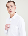 View of model wearing Lucent White Men's Slim Fit Knit Button-Up Shirt.