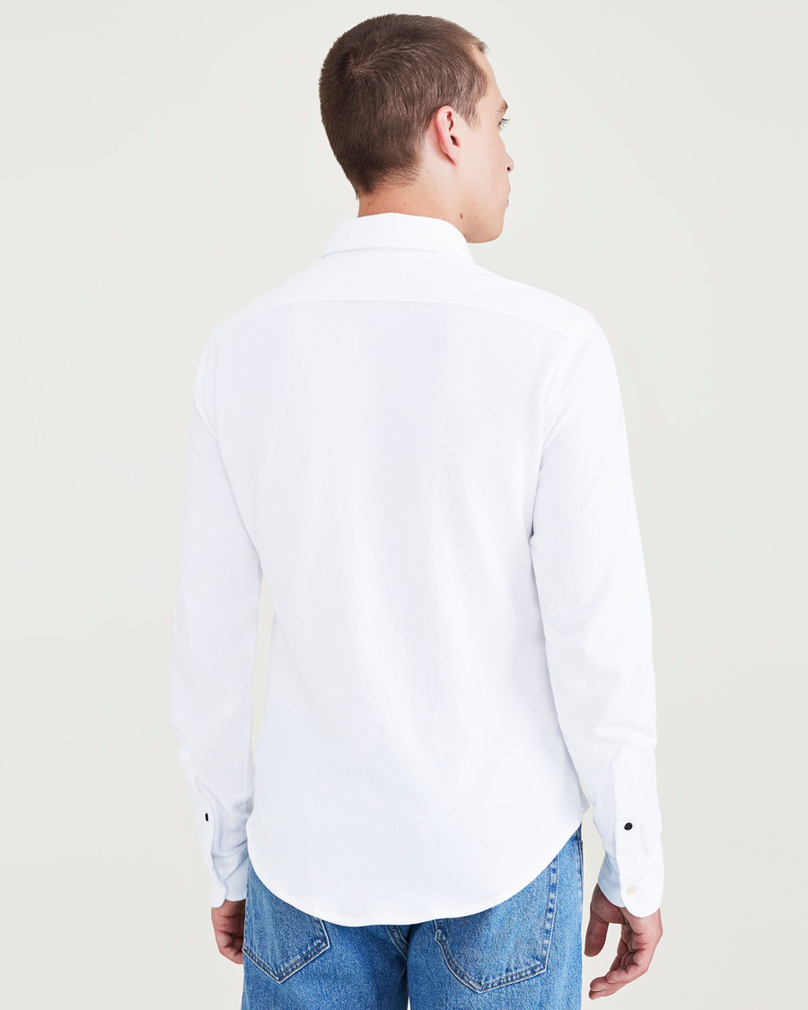 Back view of model wearing Lucent White Men's Slim Fit Knit Button-Up Shirt.