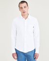 Front view of model wearing Lucent White Men's Slim Fit Knit Button-Up Shirt.