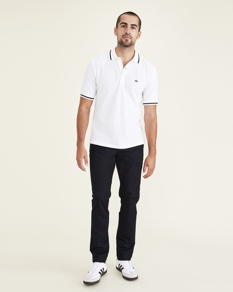 View of model wearing Lucent White Men's Slim Fit Original Polo.