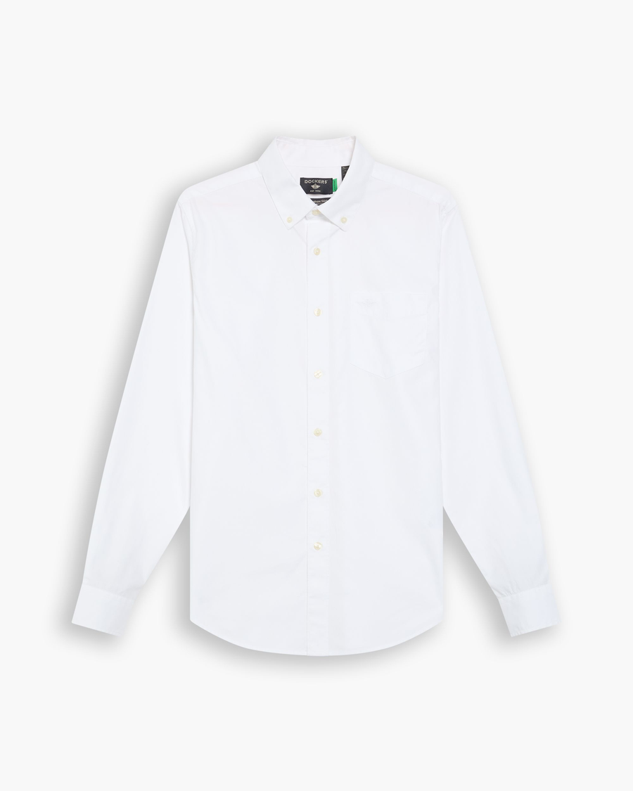 View of model wearing Lucent White Signature Shirt Long Sleeve with Stain Defender®, Slim Fit.