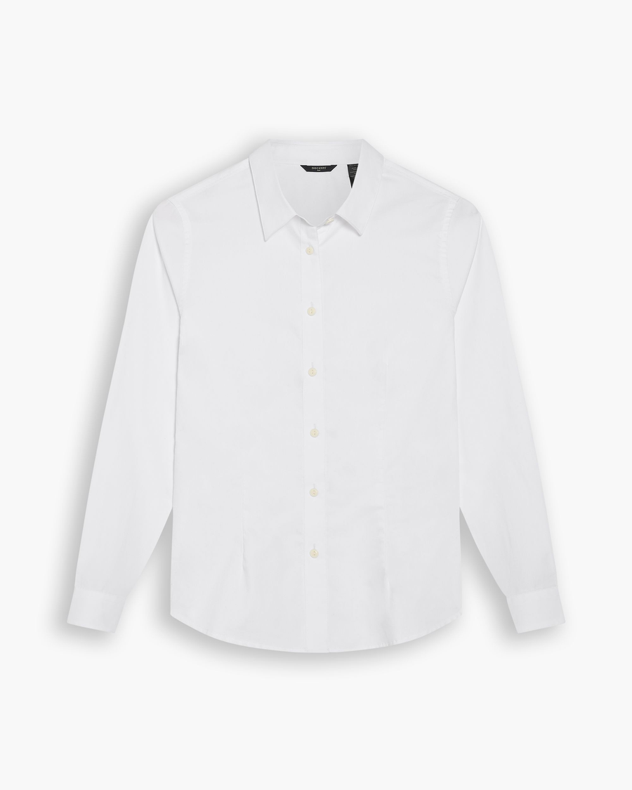 View of model wearing Lucent White Signature Shirt with Stain Defender®, Slim Fit.