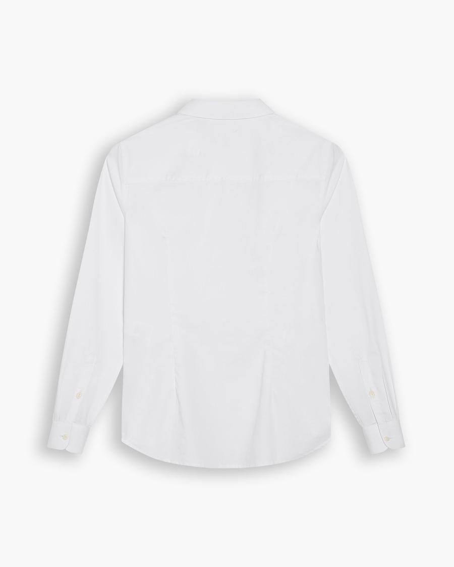 View of model wearing Lucent White Signature Shirt with Stain Defender®, Slim Fit.