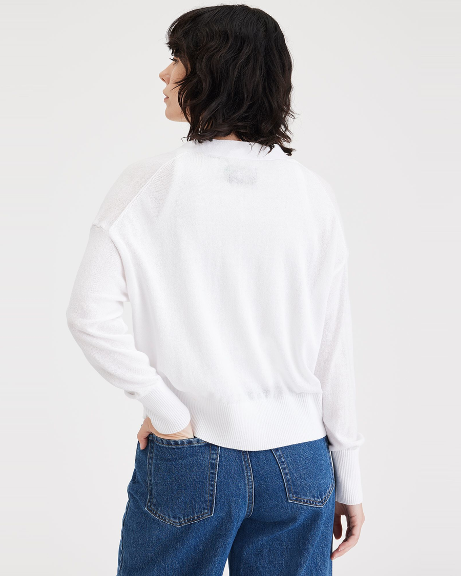 Back view of model wearing Lucent White Women's Relaxed Fit Cropped Cardigan Sweater.