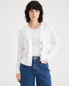 Front view of model wearing Lucent White Women's Relaxed Fit Cropped Cardigan Sweater.