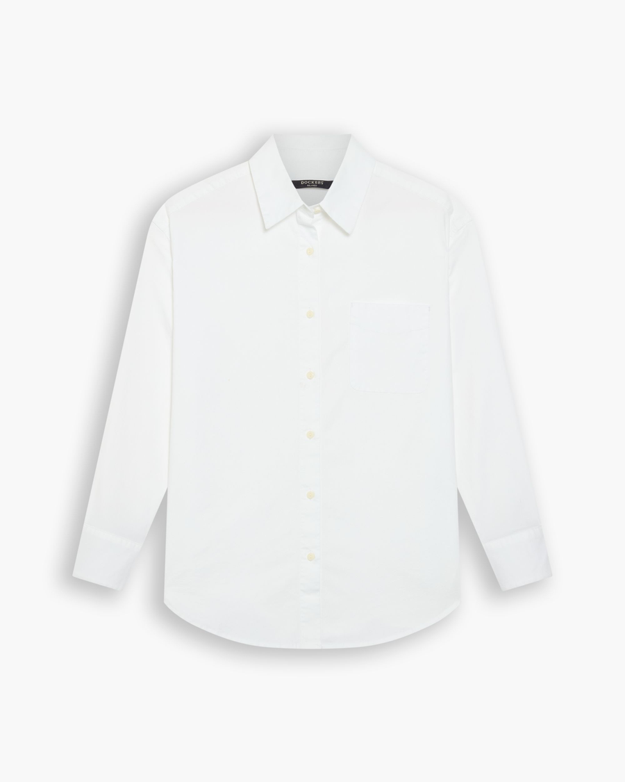 View of model wearing Lucent White Women's Shirt, Relaxed Fit.