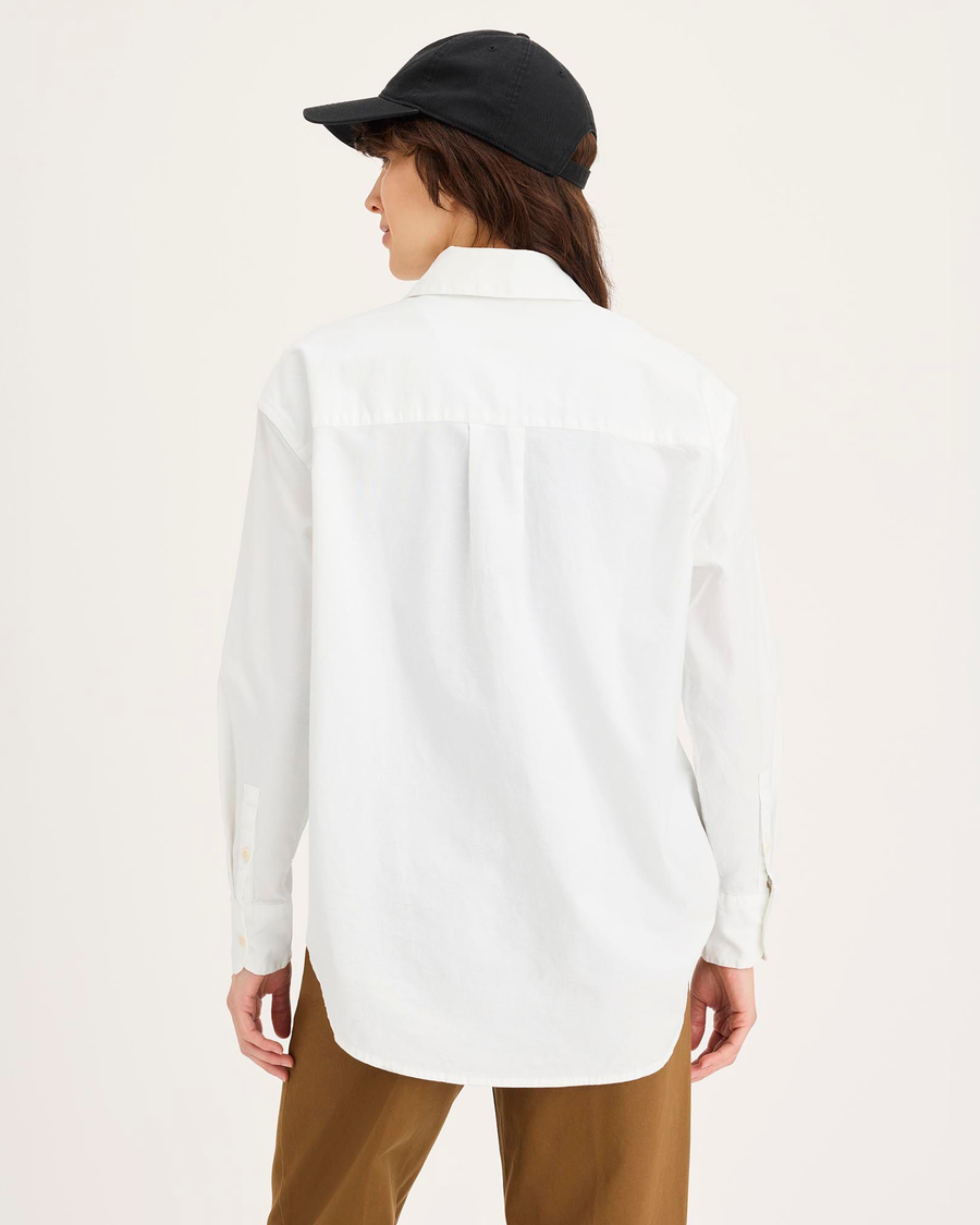 Back view of model wearing Lucent White Women's Shirt, Relaxed Fit.