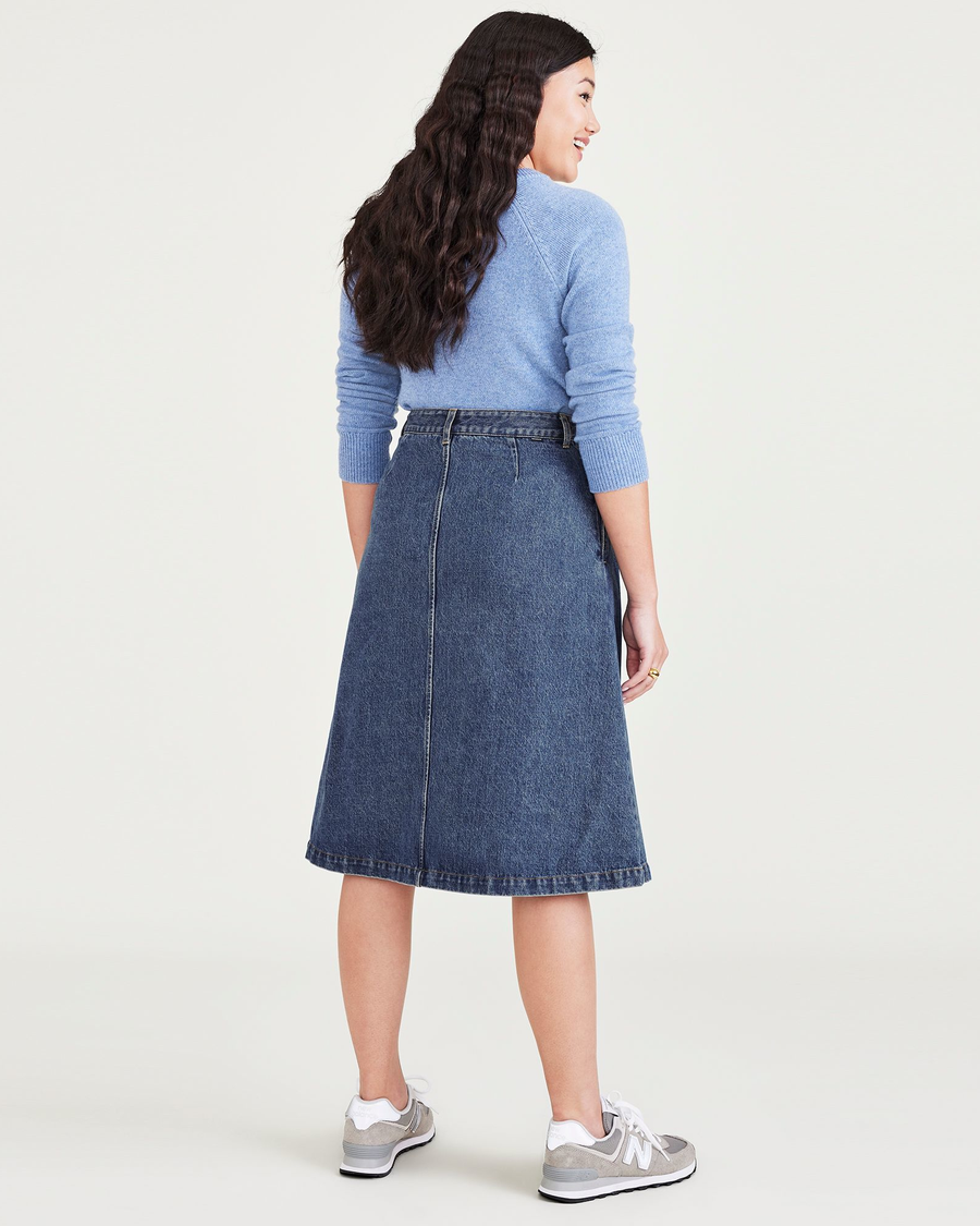 Back view of model wearing Medium Indigo Stonewash Women's Midi Skirt.