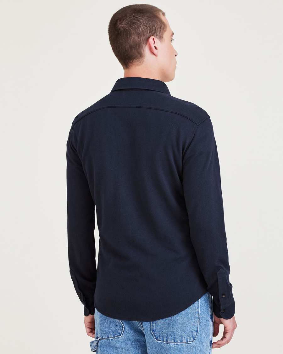 Back view of model wearing Navy Blazer Big and Tall Knit Button-Up Shirt.