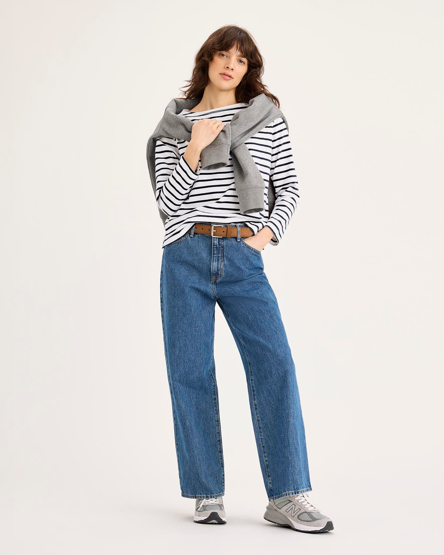 Front view of model wearing Navy Blazer Boatneck Tee, Regular Fit.