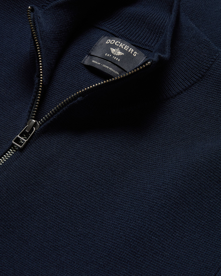 View of model wearing Navy Blazer Full-Zip Sweater, Regular Fit.