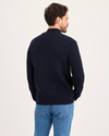 Back view of model wearing Navy Blazer Full-Zip Sweater, Regular Fit.