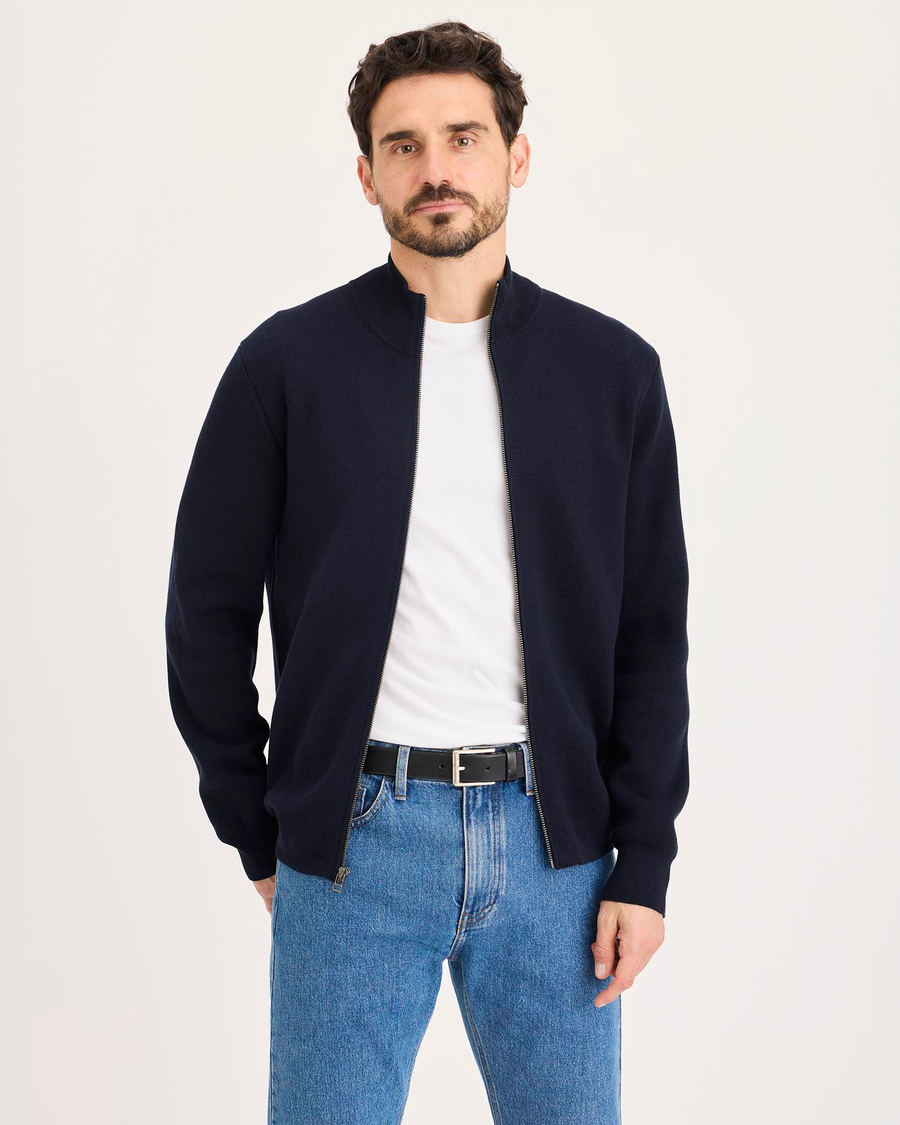Front view of model wearing Navy Blazer Full-Zip Sweater, Regular Fit.