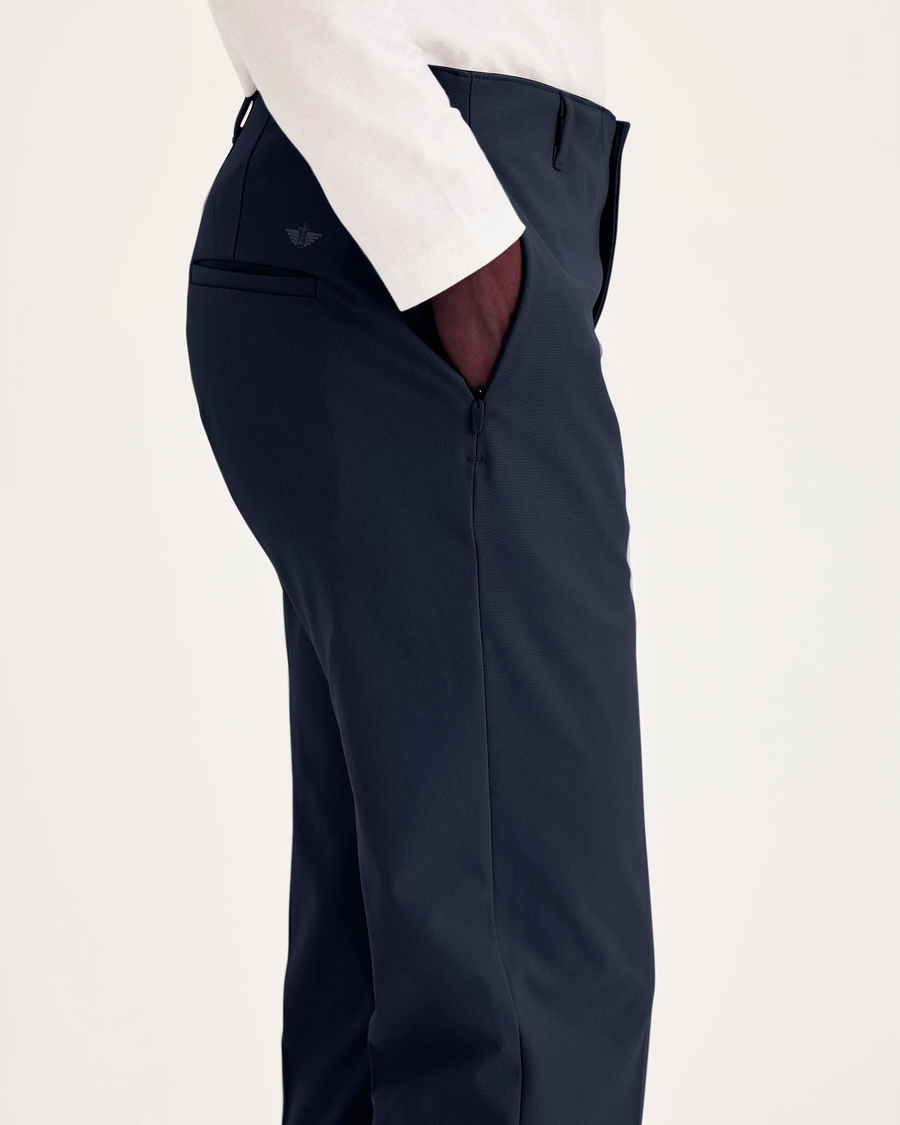 Side view of model wearing Navy Blazer Go Pant, Slim Fit with Airweave.