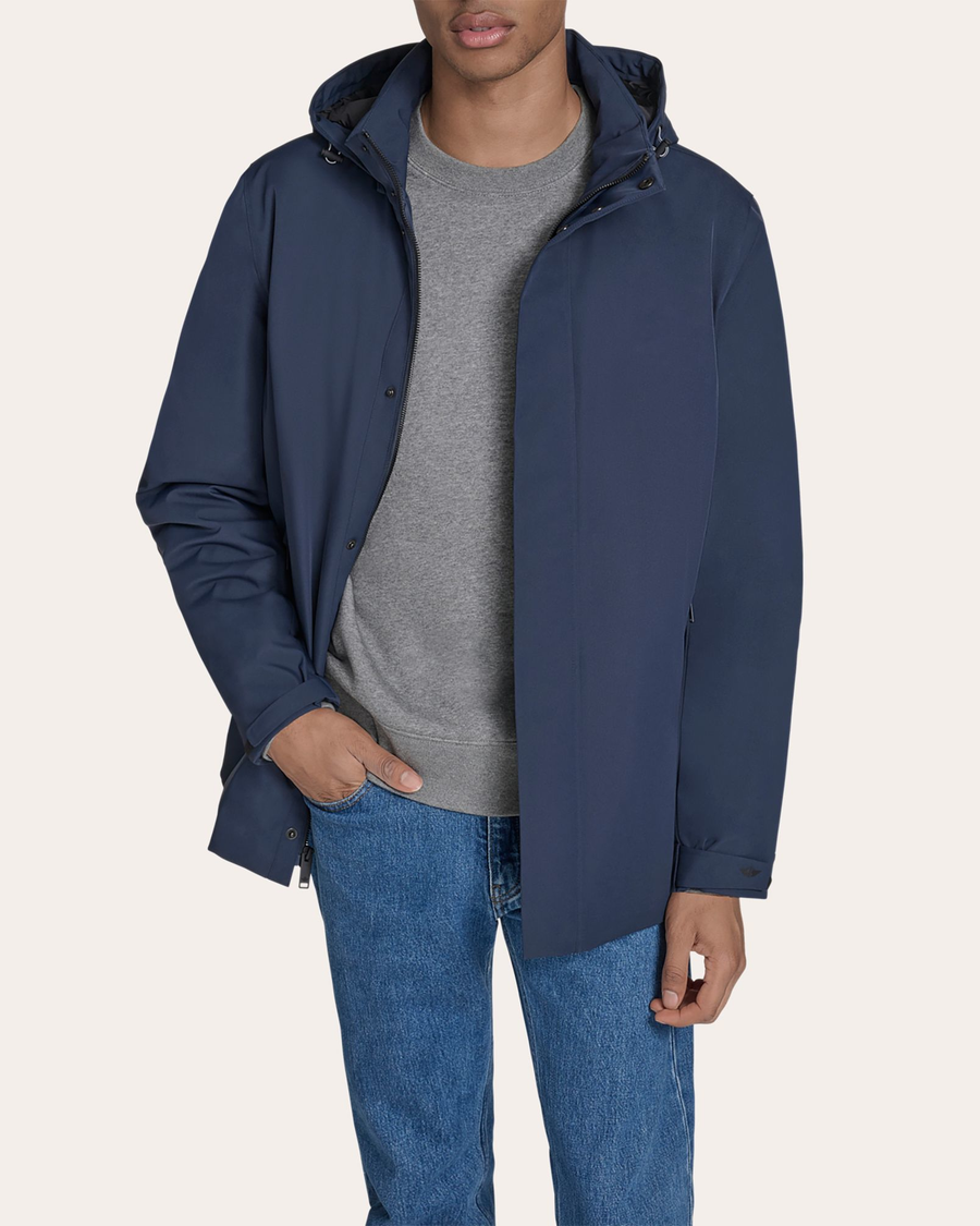 View of model wearing Navy Blazer Go Rain Commuter Jacket.