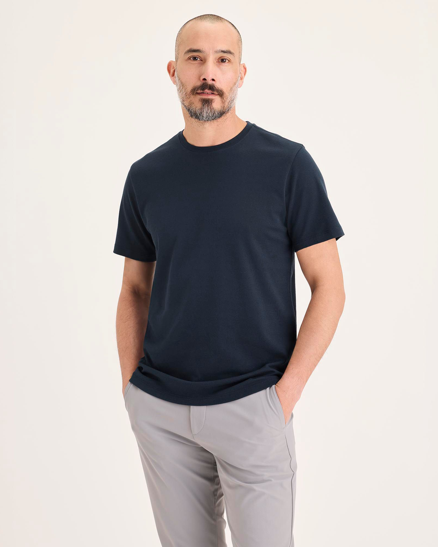 Front view of model wearing Navy Blazer Go Tee, Slim Fit.