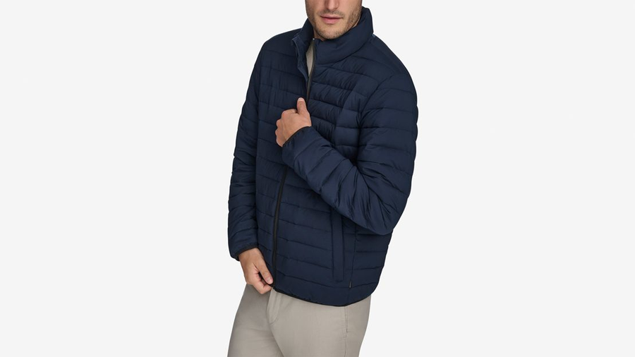 Front view of model wearing Navy Blazer Men's Packable Jacket.