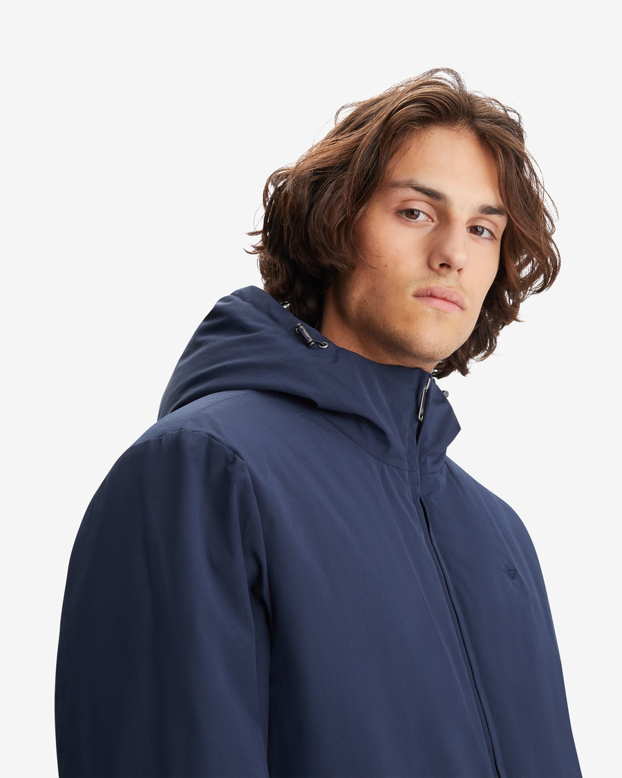 View of model wearing Navy Blazer Men's Poly Arctic Hooded Jacket.