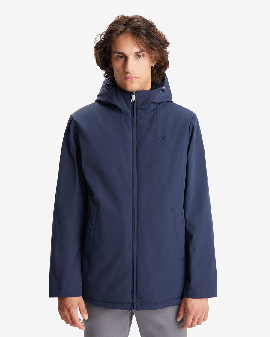 Front view of model wearing Navy Blazer Men's Poly Arctic Hooded Jacket.