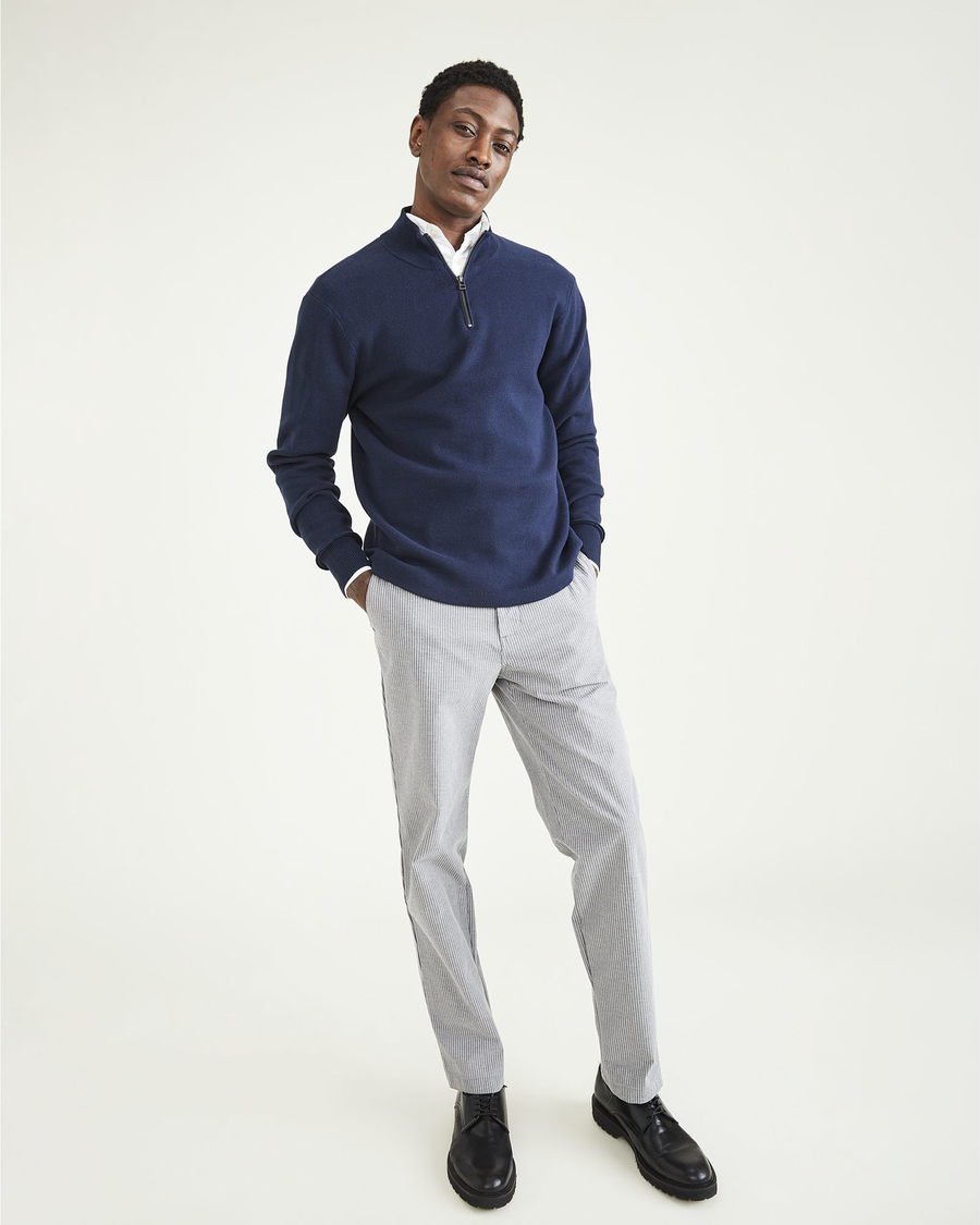 View of model wearing Navy Blazer Men's Regular Fit Quarter Zip Sweater.