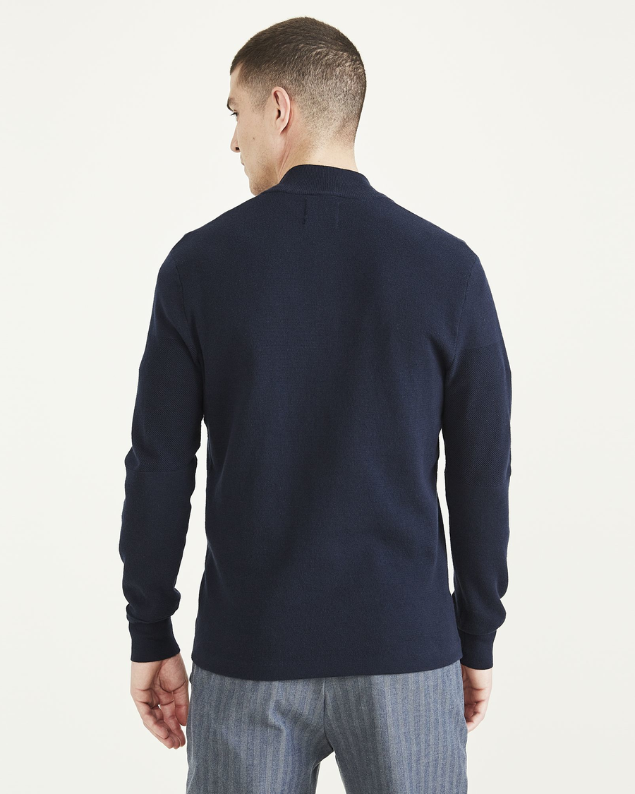 Back view of model wearing Navy Blazer Men's Regular Fit Quarter Zip Sweater.