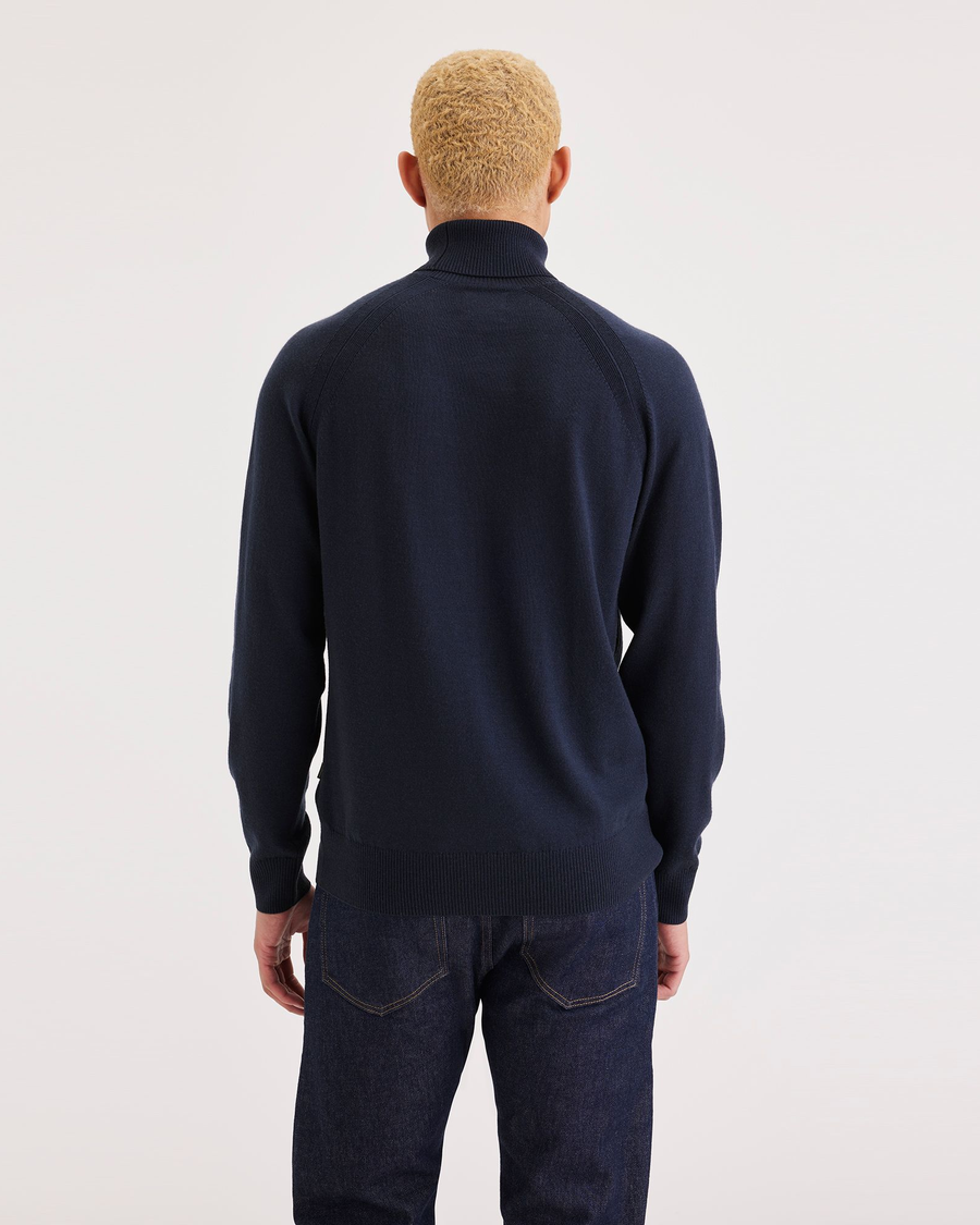 Back view of model wearing Navy Blazer Men's Regular Fit Turtleneck Sweater.