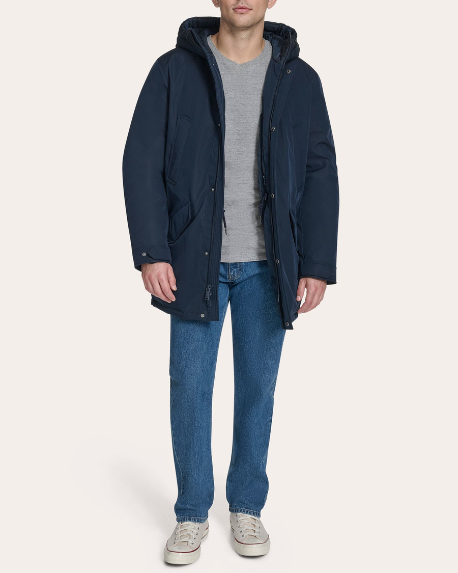 View of model wearing Navy Blazer Padded Parka.