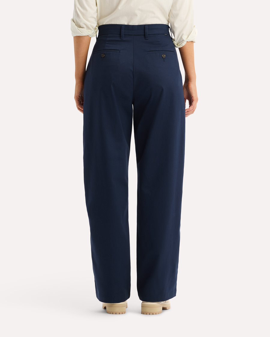 View of model wearing Navy Blazer Signature Iron Free Khakis, High Wide with Stain Defender®.