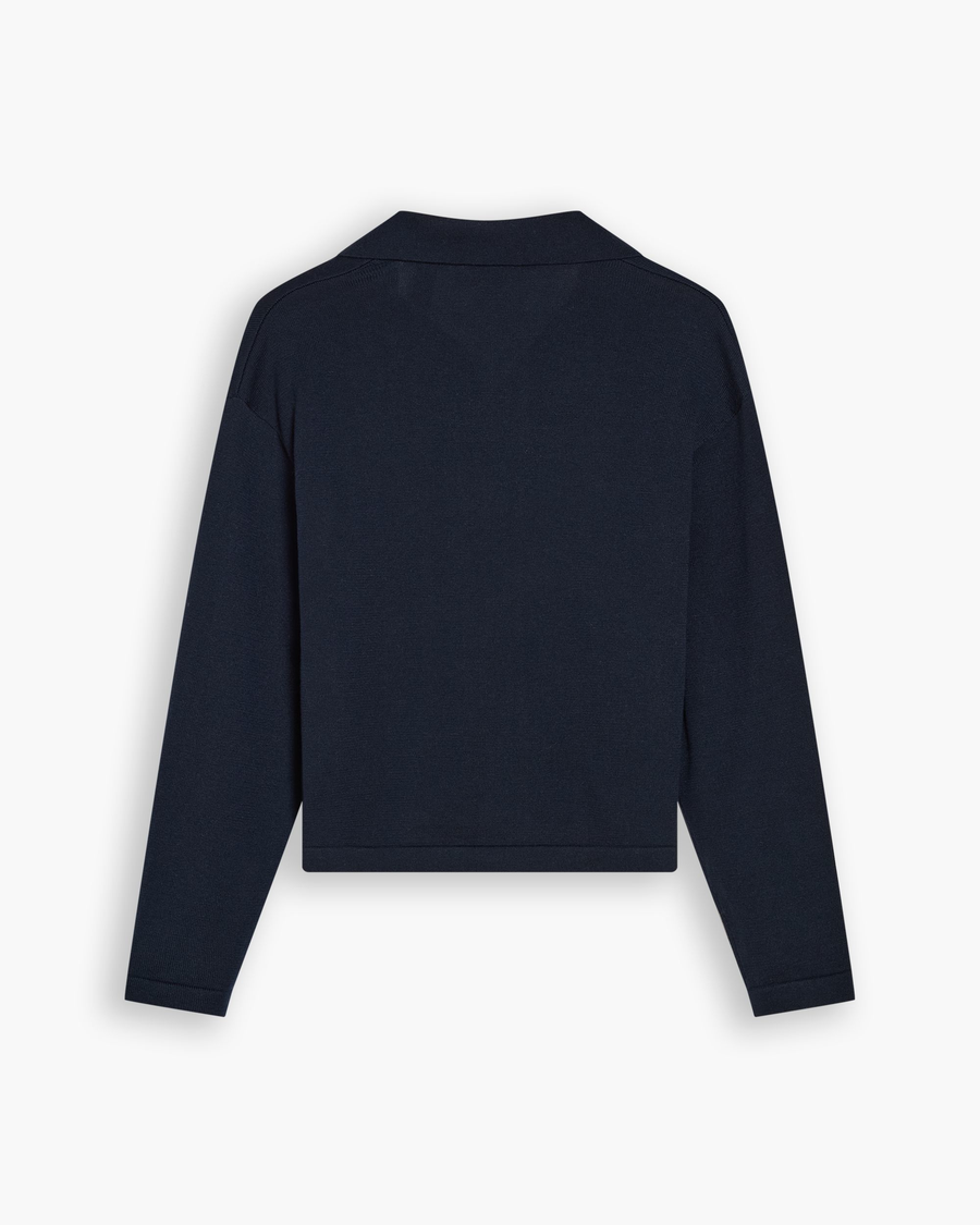 View of model wearing Navy Blazer Sweater Polo, Relaxed Fit.